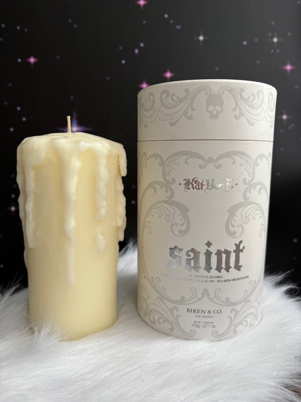 Kat Von D SAINT Candle, Pre-Dripped Vegan Pillar with Box, displayed - unused